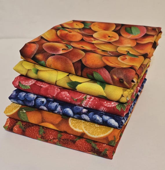Juicy fruit fabric bundles. 6 different fabrics in fat quarter bundles or half yard bundles. Fruit fabric, fabric bundles. Free Shipping!