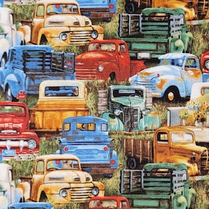 Truck fabric by Wendy Marquis for Elizabeth&#39;s Studio#21002. Sold by yardage and half yard cuts.  Red truck fabric, farm fabric, old trucks .