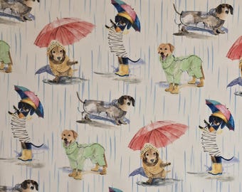 Dachshund dog fabric, "Dogs in the rain" by Michael Miller DCX 12400.Sold by yardage & half yard cuts. Dachshund fabric, weiner  dog fabric.