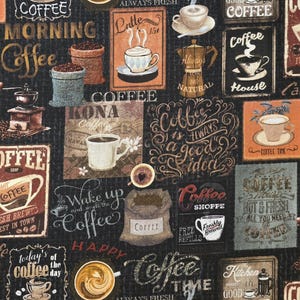 Coffee Labels by TimelessTreasures. #Coffee-CD3421. Sold by yardage and half yard cuts.  Coffee fabric, coffee labels, novelty fabric.