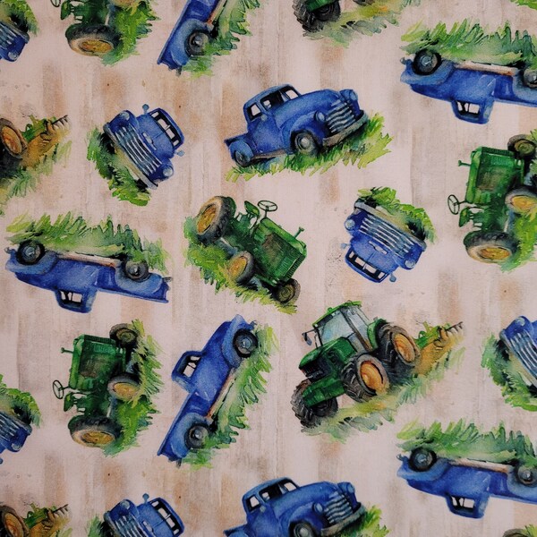 Country Living by John Richard Keeling for 3 wishes fabrics. Fabric by the yard and half yard. John deere tractors, blue pickup trucks, mens