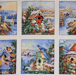 Bird fabric, Winter Song panel by Oleg Gavrilor for Elizabeth&#39;s Studio.#9409 panel measures 24&quot; x 44&quot;. Bird fabric, cardnal fabric panels.