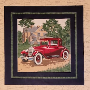 Vintage automobiles by VIP print for Cranston Print works. Fabric panel has 2 cars 14" x 14", 1 red, 1blue, automobile fabric,