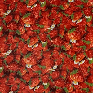 Strawberry fabric, Elizabeth&#39;s Studio #155. Fabric by the yard and 1/2 yard. Food fabric, fruit fabric, strawberry fabric.