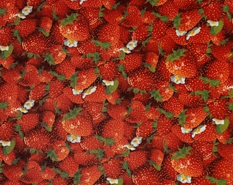 Strawberry fabric, Elizabeth's Studio #155. Fabric by the yard and 1/2 yard. Food fabric, fruit fabric, strawberry fabric.