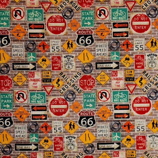 Road signs, My Tools, My Rules by Henry Glass&Co. #512. Fabric by the yard and half yard. Men's fabric, road signs, motorcycle fabric.