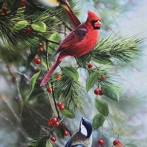 Bird fabric panel, by Bradley Jackson for Elizabeth&#39;s Studio.#40003 measures 24&quot; x 42&quot;. Cardinal fabric, Bird fabric panel, chickadee fabric