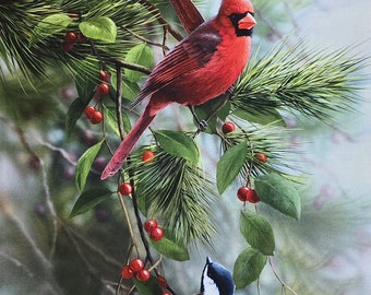 Bird fabric panel, by Bradley Jackson for Elizabeth's Studio.#40003 measures 24" x 42". Cardinal fabric, Bird fabric panel, chickadee fabric