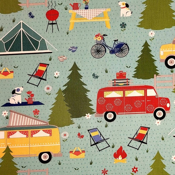 Camping fabric, Adventure Time by Anne Rowan for Wilmington prints. Fabric by the yard, half yard and fat quarters, Novelty fabric.