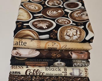 Fresh brewed, Coffee fabric bundle, 6 different fabrics in fat quarter and half yard bundles. Coffee fabric, Free Shipping!