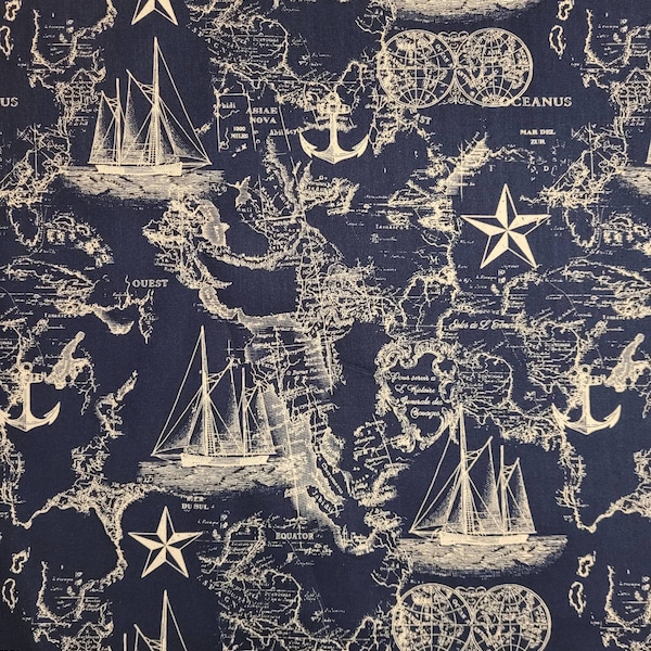 Nautical fabric by Brother Sister designs  #B73-W-P17N. Fabric by the yard,half yard and fat quarters. Novelty fabric, Nautical fabric.