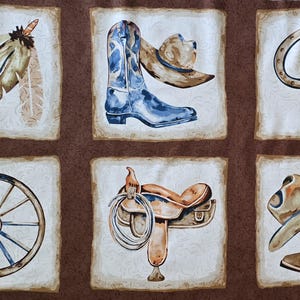 Western View, blocks # 1604P by Denise Sulliven for HenryGlass. Measures 22.5 x 43.5 cowboy panel, horse fabric, children&#39;s fabric.