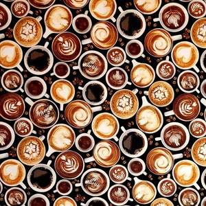 Coffee, black by Timeless Treasures C7257. Fabric by the yard, half yard and fat quarters. Coffee fabric, cappuccino fabric, novelty fabric.