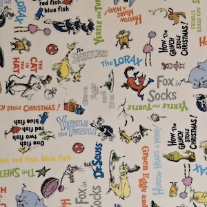 Dr. Seuss fabric for Robert Kaufman pattern #ADE-22857. Sold by the yardage and half yard cuts.  Children's fabric, Dr. Seuss books.