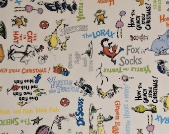 Dr. Seuss fabric for Robert Kaufman pattern #ADE-22857. Sold by the yardage and half yard cuts.  Children's fabric, Dr. Seuss books.