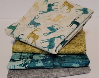 Deer fabric bundle,  4 fabrics, fat quarters, or 1/2 yard bundles. Benartex and Robert Kaufman fabrics. Fabric bundles. Free Shipping!