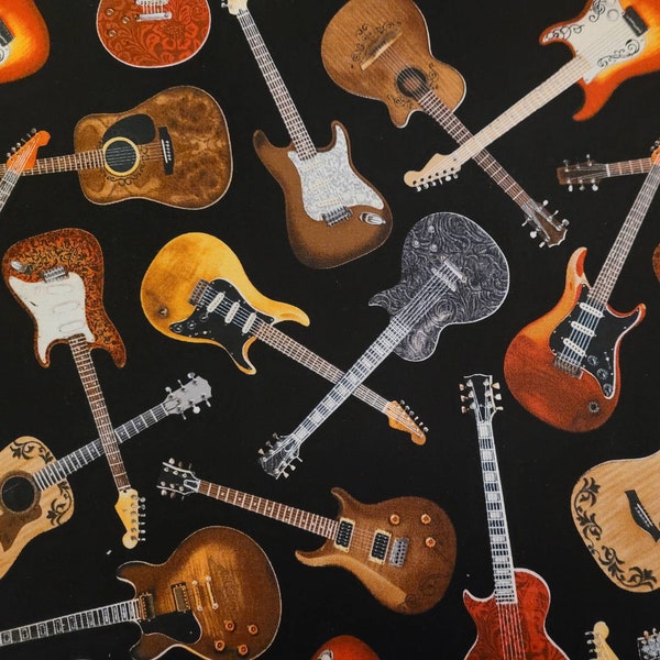 Guitars by Timeless Treasures, pattern # C1611. Fabric by the yard and half yard. Music fabric, Guitar fabric, novelty fabric.
