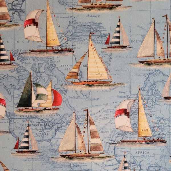 Nautical fabric, Sailing by Michael Miller DCX 9854. Fabric by the yard and half yard. Sailboats fabric, nautical fabric, beach fabric.