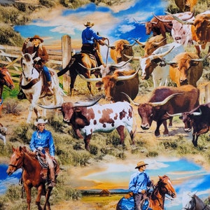 Cattle drive, Big Sky Country  By Michael Miller. Fabric by the yard & half yard. Horse fabric, novelty fabric, animal fabric, farm fabric.