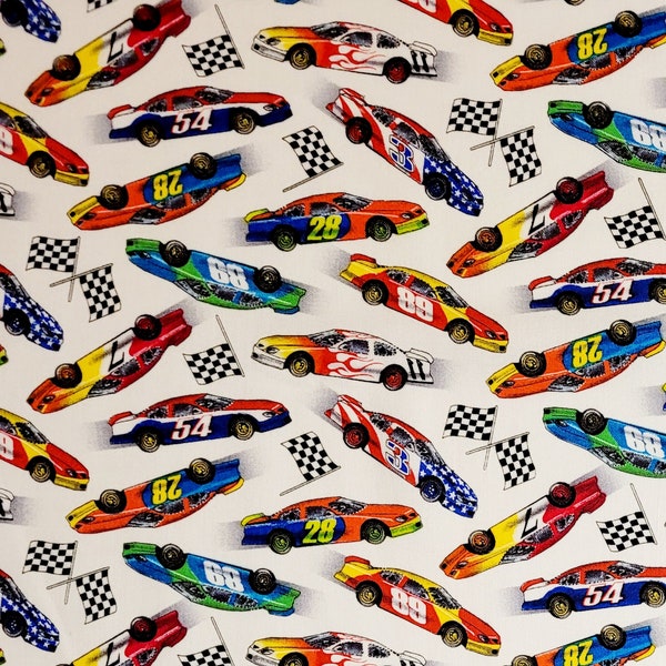 Race cars, children's fabric by Elizabeth's Studio. White background Fabric by the yard, 1/2 yard.  Boys fabric, race car fabric.