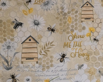 Bee Happy fabric, beige #CO3263 by TimelessTreasures. Sold by the yardage and half yard cuts. Bee fabric, honey fabric, nature fabric.