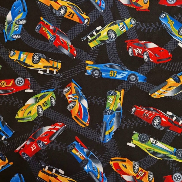 Race cars, children's fabric by Timeless Treasures. Black background Fabric by the yard, 1/2 yard and fat quarters.  Boys fabric, race car f