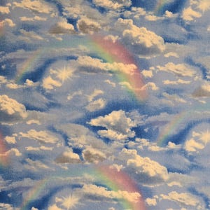Cloud fabric, Landscape medley#660 for Elizabeth&#39;s Studio. Sold by yardage and half yard cuts. Landscape fabric, cloud fabric, rainbows.