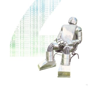 May include: A silver robot sits in a chair, with a large blue and green number two behind it. The number is made up of a pattern of ones and zeros, resembling binary code.