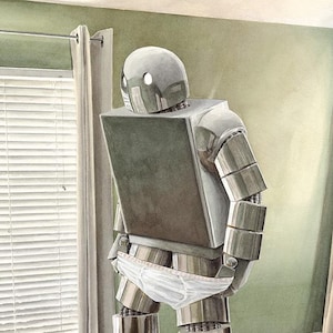 May include: A metallic silver robot with a boxy torso and rounded head stands in a room wearing white briefs. A tan bra lies on the floor nearby, while a black cat walks past a wicker laundry basket filled with various colourful clothing items.