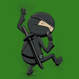 May include: A black ninja cartoon character with a sword strapped to their back, peeking out from behind a green background. The ninja has a black mask and is holding a finger to their lips.