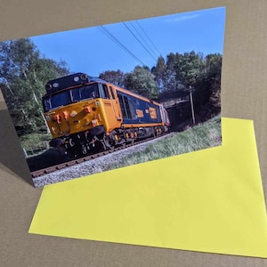 Tarjeta de felicitación de tren diésel, locomotora clase 50, interior en blanco, para cumpleaños, Día del Padre o cualquier ocasión, locomotora diésel