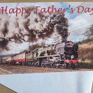 Tarjeta del Día del Padre con locomotora de vapor: 34046 Braunton rumbo a Carlisle