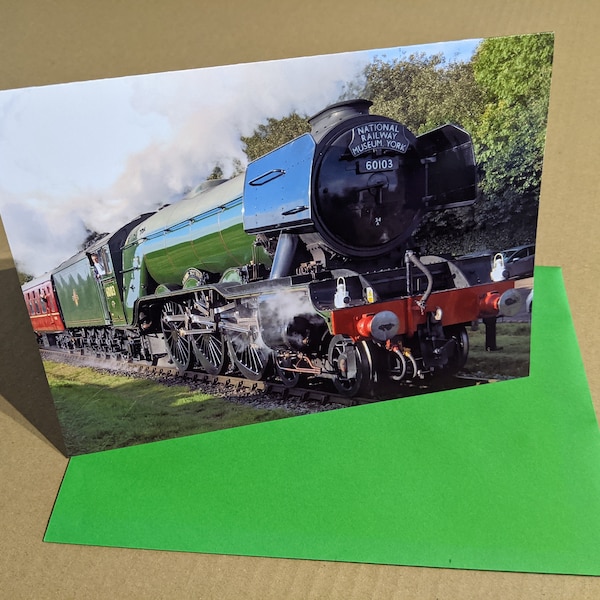 Flying Scotsman Birthday Card, blank inside, suitable for birthdays, Fathers Day or any occasion, features the world famous steam locomotive