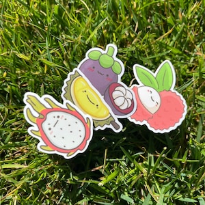 May include: Four colorful fruit stickers with cartoon faces. The stickers feature a durian, a mangosteen, a lychee, and a dragon fruit.