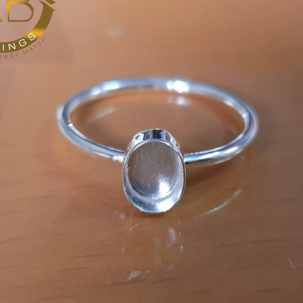 925 Sterling silver oval stone setting bezel blank ring - Cup ring, Blank ring setting. Blank collet Ring, smooth round band ring