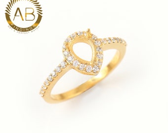 Gold Plated Sterling Silver Pear Halo Ring Setting: 5x7mm CZ/Moissanite