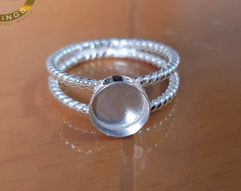 Bague lunette en argent sterling 925 de forme ronde avec double torsade, cadre blanc, base de bague vierge, double cordelette, lunette pour résine