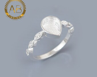 Sterling Silver Pear Halo Ring Setting: 6x8mm CZ/Moissanite Bezel