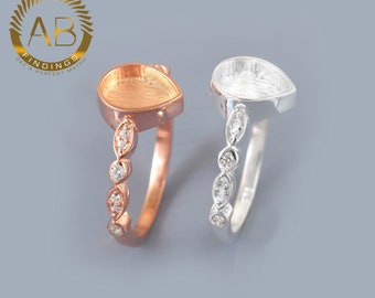 Sterling Silver Pear Halo Ring Setting: 6x8mm CZ/Moissanite Bezel