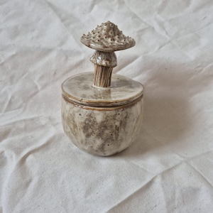 Op de afbeelding: Een keramische pot met deksel in een gevlekte beige en bruine glazuurlaag. Het deksel is voorzien van een sculpturale paddenstoelgreep met een textuur op de hoed en verticale lamellen op de steel. De pot heeft een ronde, glanzende vorm.