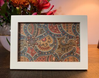 Framed French Vintage Eclectic & Decorative Printed Textile, Framed 4" x 6", White Frame