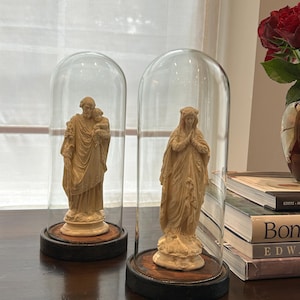 Antique Religious Statues under Glass Domes – Virgin Mary & St. Joseph with Child – Catholic Devotion