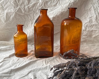 Set of 3 Antique Amber Glass Bottles | Apothecary Style Jars | Rustic French Decor