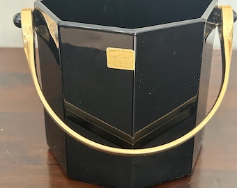 Vintage Luminarc zwart glazen ijsemmer | IJsemmer in Franse art-decostijl met goudmessing handvat