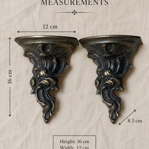 May include: Two dark bronze-colored wall shelves with ornate, swirling relief patterns. The text MEASUREMENTS appears at the top. Each shelf measures 16 cm in height, 12 cm in width, and 8.5 cm in depth, as indicated by the labels and text.