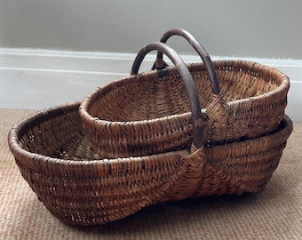 Set of 2 Vintage Wicker Gathering Baskets | Rustic Handwoven Willow Baskets with Handles | French