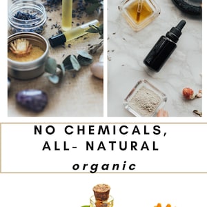 May include: A close-up of a clear glass bottle with a cork stopper filled with a light yellow liquid. The bottle is surrounded by two yellow flowers with green leaves. The text "NO CHEMICALS, ALL-NATURAL organic" is displayed above the bottle.