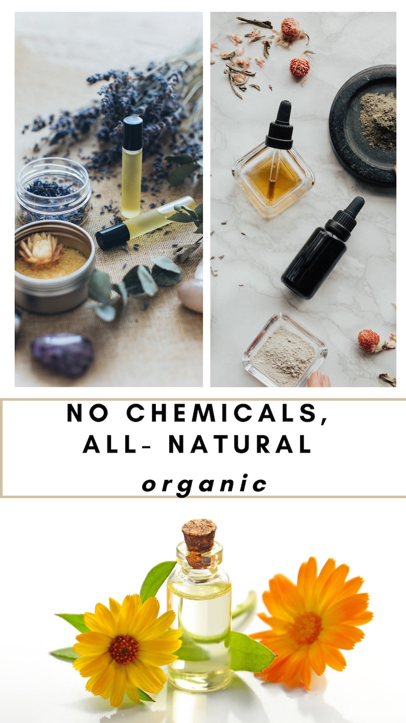 May include: A close-up of a clear glass bottle with a cork stopper filled with a light yellow liquid. The bottle is surrounded by two yellow flowers with green leaves. The text "NO CHEMICALS, ALL-NATURAL organic" is displayed above the bottle.