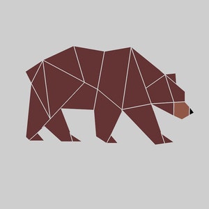 Pode incluir: Uma silhueta de urso marrom feita de formas geométricas. O urso está caminhando para a direita e tem um nariz marrom.