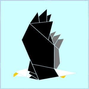 May include: A black and white origami eagle with a yellow beak in flight against a light blue background.